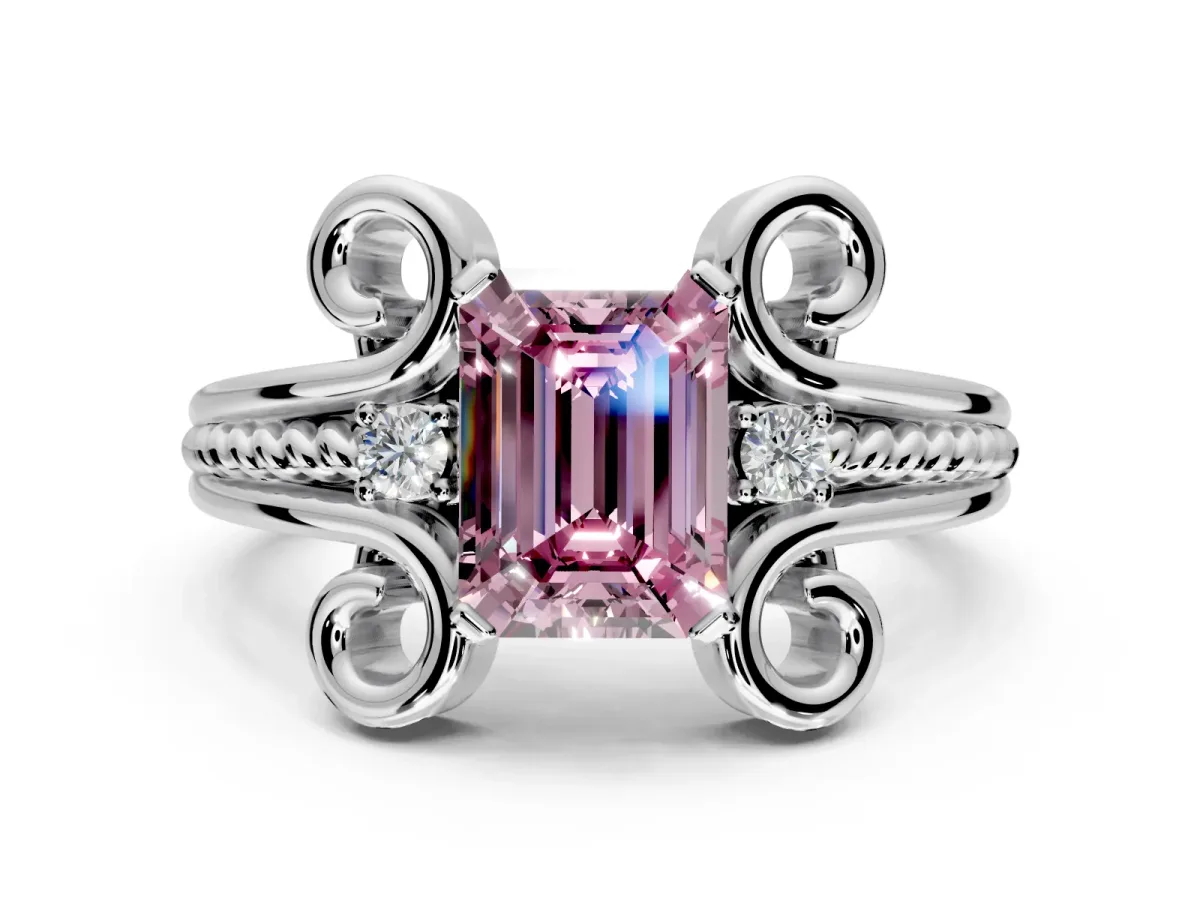 Solitaire Engagement Ring Setting for Fancy Pink Emerald Cut Center with Twisted Band and Scroll Prong Head in Platinum