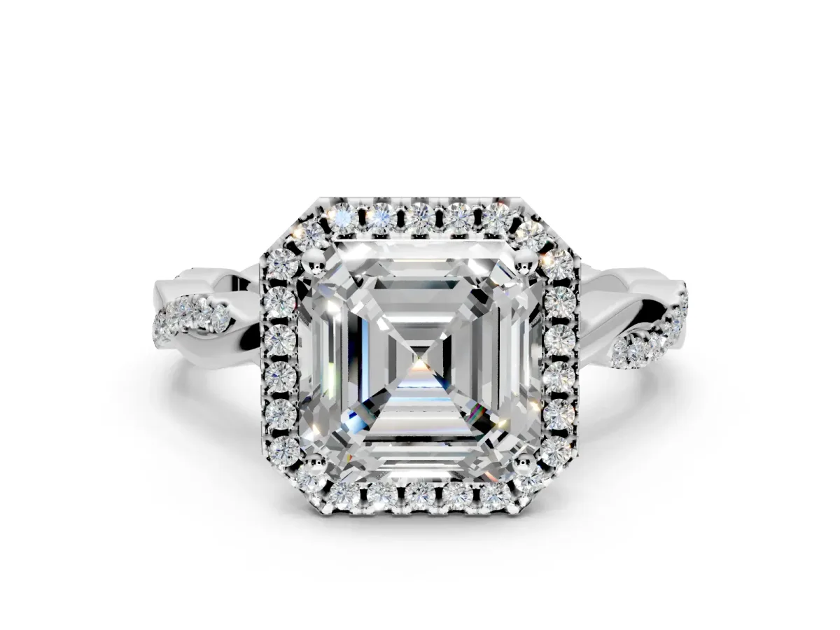 Halo Engagement Ring Setting for Asscher Cut Center with Pave and Plain Twist Band and Prong Head in Sterling Silver
