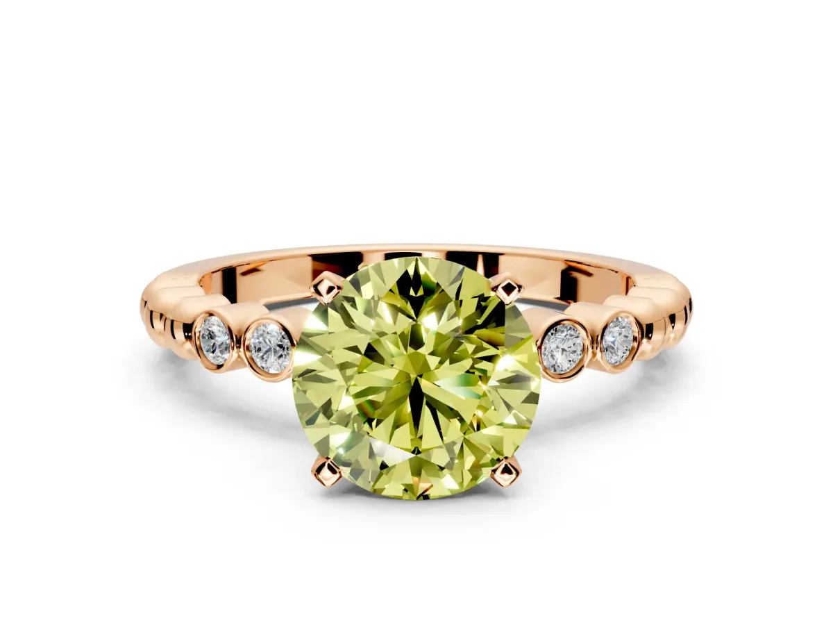 Solitaire Engagement Ring Setting for Fancy Yellow Round Cut Center with Bezel-Dot Beaded Band and Prong Head in Rose Gold