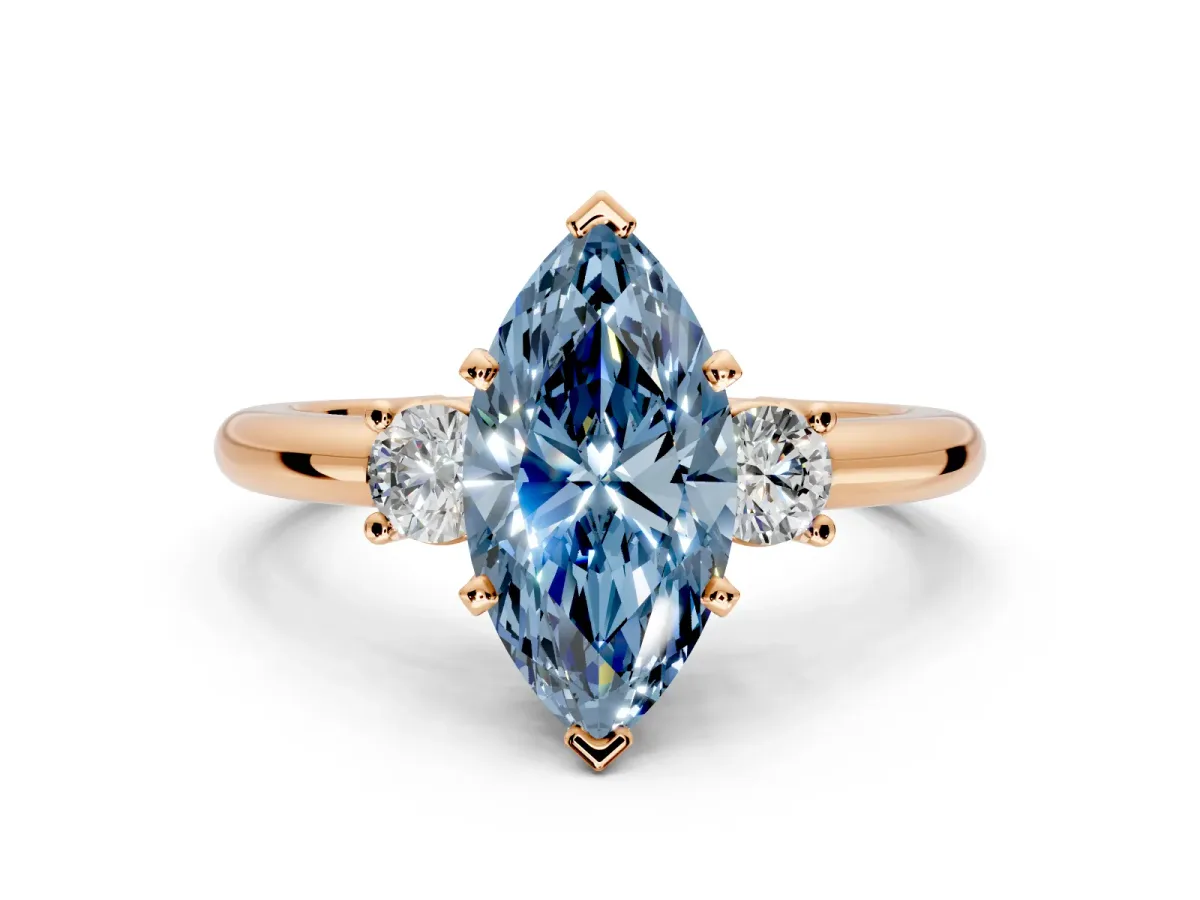 3 Stone Engagement Ring Setting for Fancy Blue Marquise Center with Wide Plain Band and Prong Head in Rose Gold