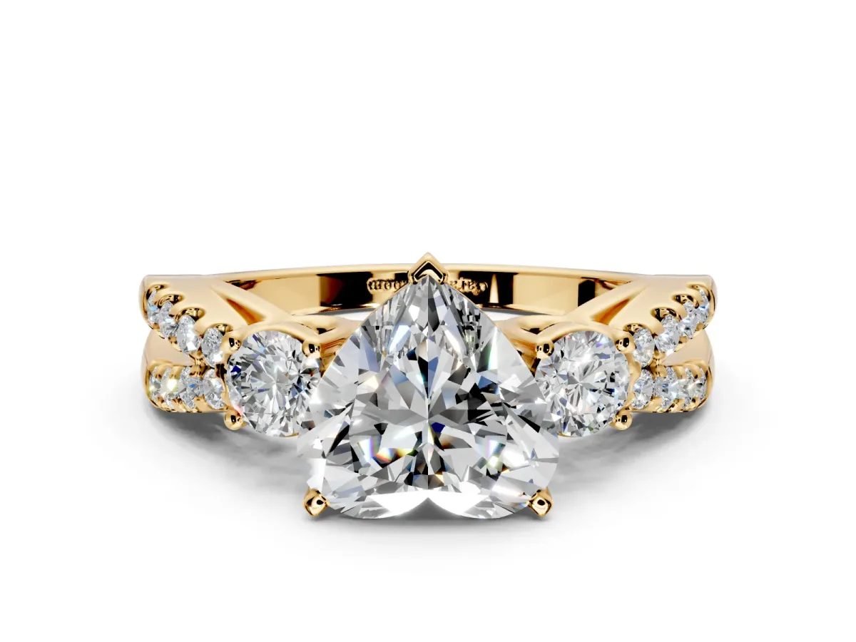 3 Stone Engagement Ring Setting for Heart-Shaped Center with Pave Split Shank and Prong Head in Yellow Gold