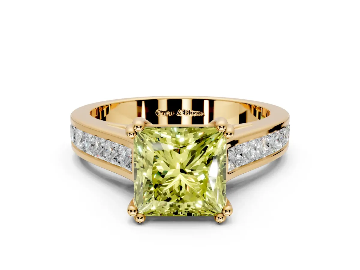 Solitaire Engagement Ring Setting for Fancy Yellow Princess Cut Center with Channel Band and Double Claw Prong Head in Yellow Gold