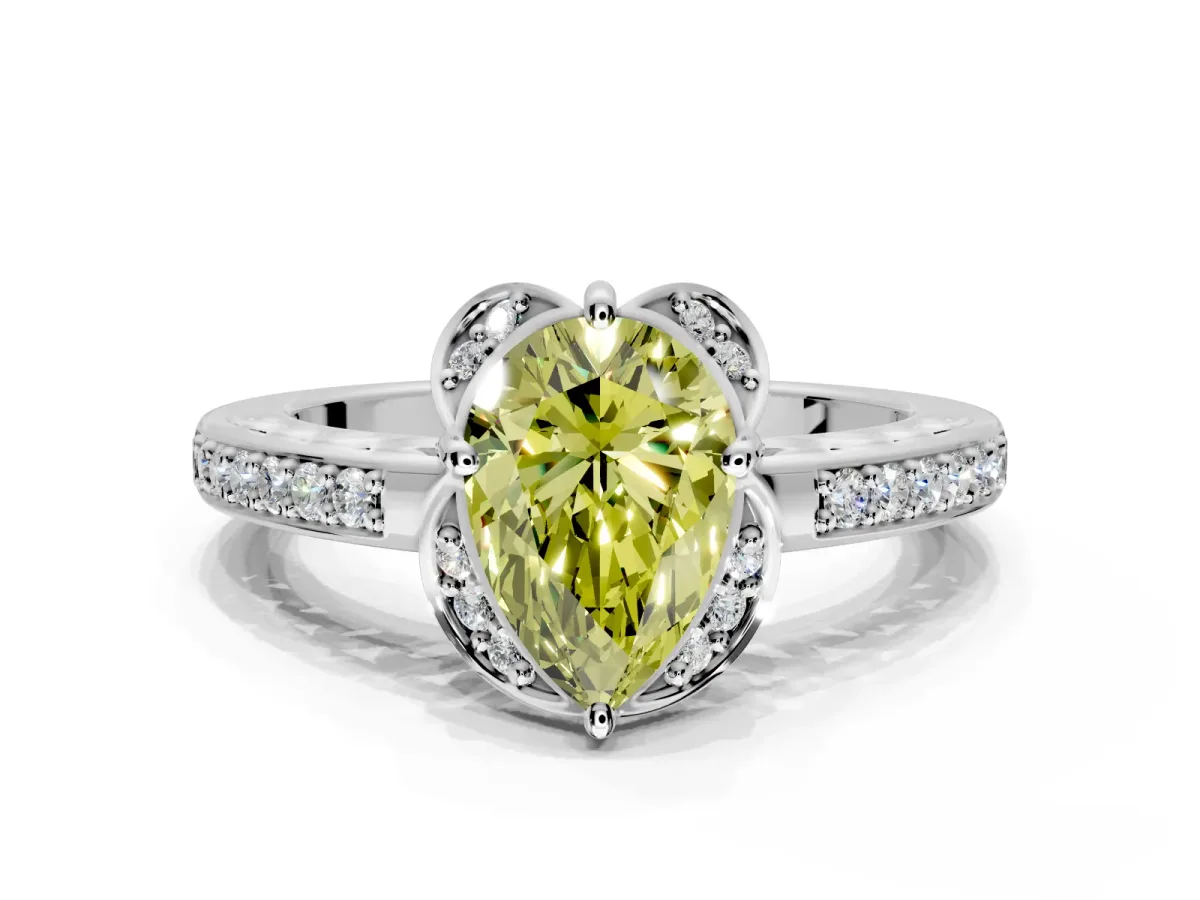 Floral Engagement Ring Setting for Fancy Yellow Pear-Shaped Center with Four Accent Clusters and Prong Head in White Gold