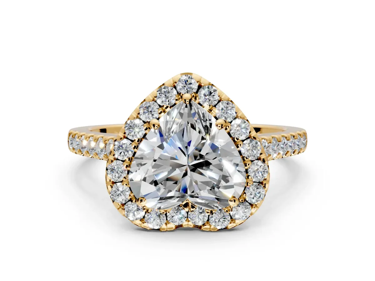Halo Engagement Ring Setting for Heart-Shaped Center with Narrowing Pave Band and Prong Head in Yellow Gold