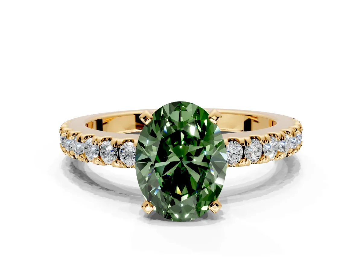 Solitaire Engagement Ring Setting for Fancy Green Oval Center with Single Row Accent Band and Prong Head in Yellow Gold