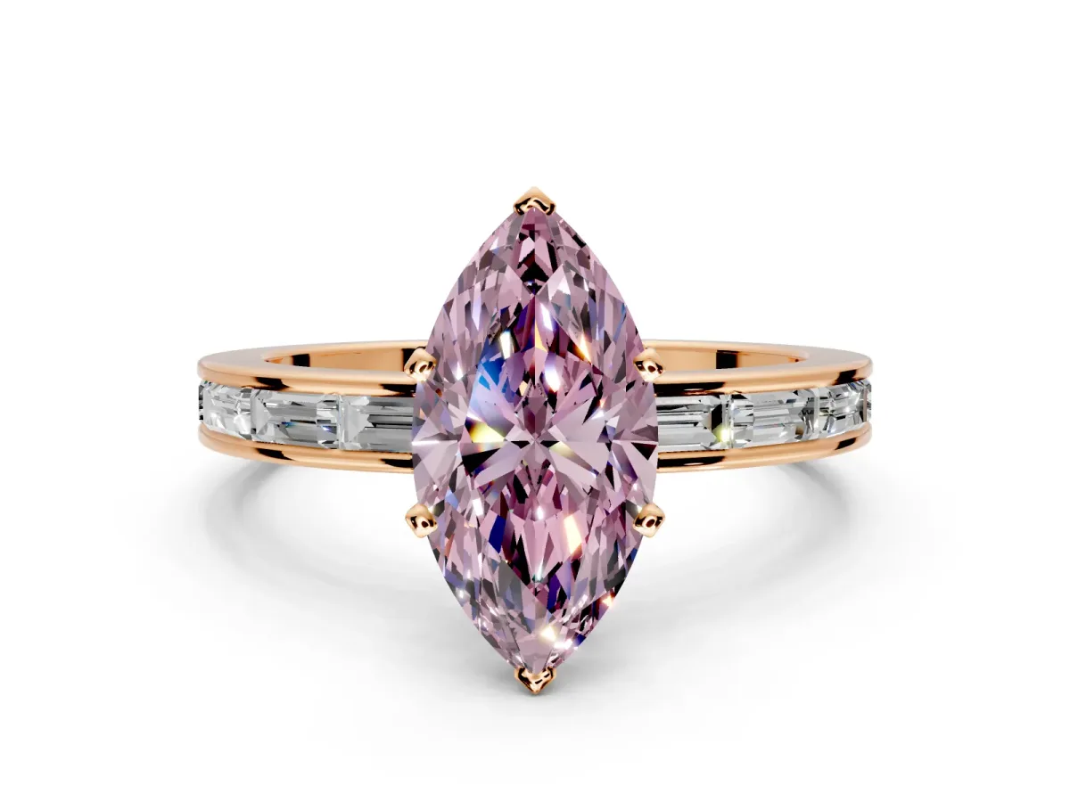 Solitaire Engagement Ring Setting for Fancy Pink Marquise Center with Channel Baguette Band and Prong Head in Rose Gold