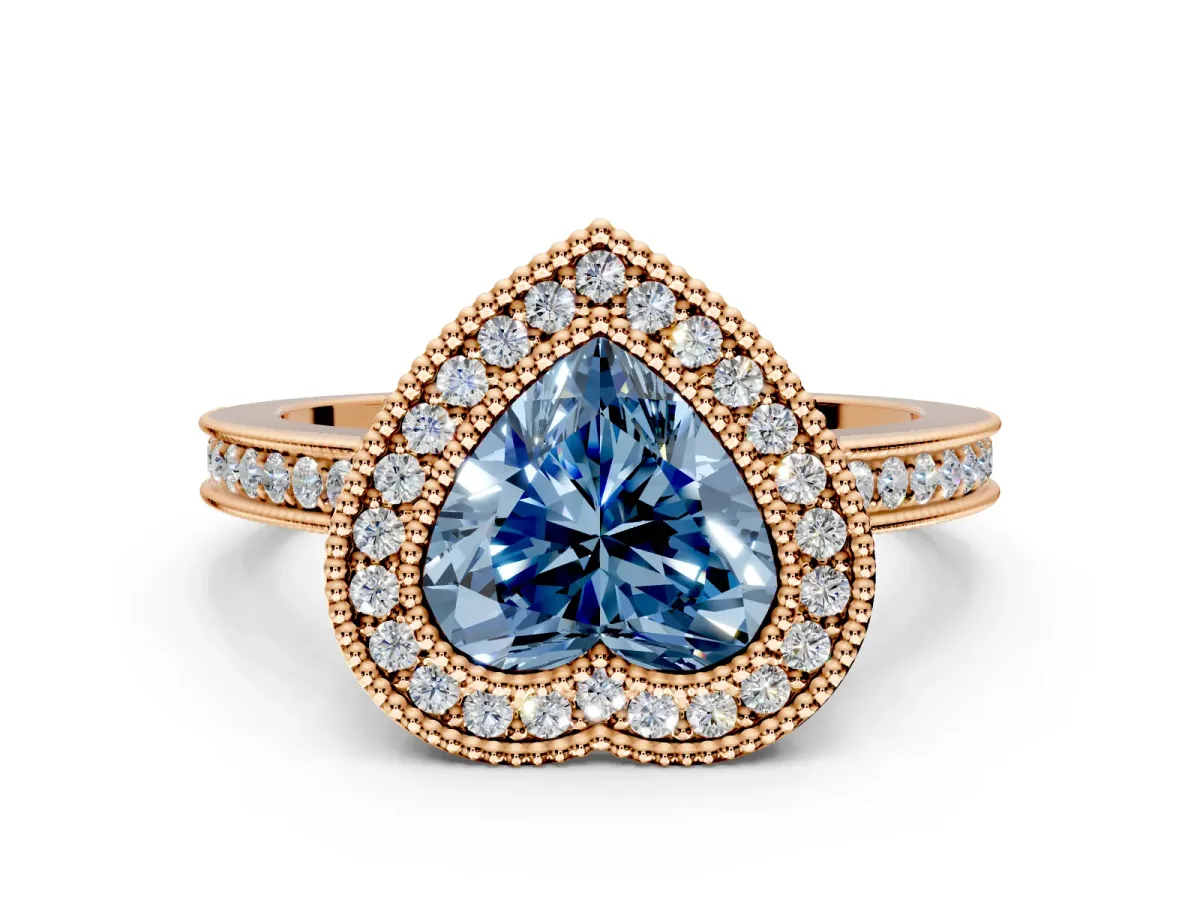 Halo Engagement Ring Setting for Fancy Blue Heart-Shaped Center with Milgrain Halo, Pave Band and Prong Head in Rose Gold