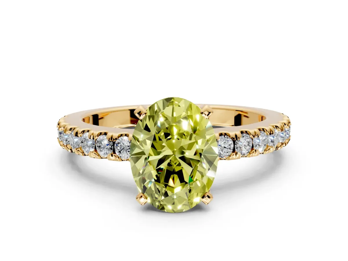 Solitaire Engagement Ring Setting for Fancy Yellow Oval Center with Single Row Accent Band and Prong Head in Yellow Gold