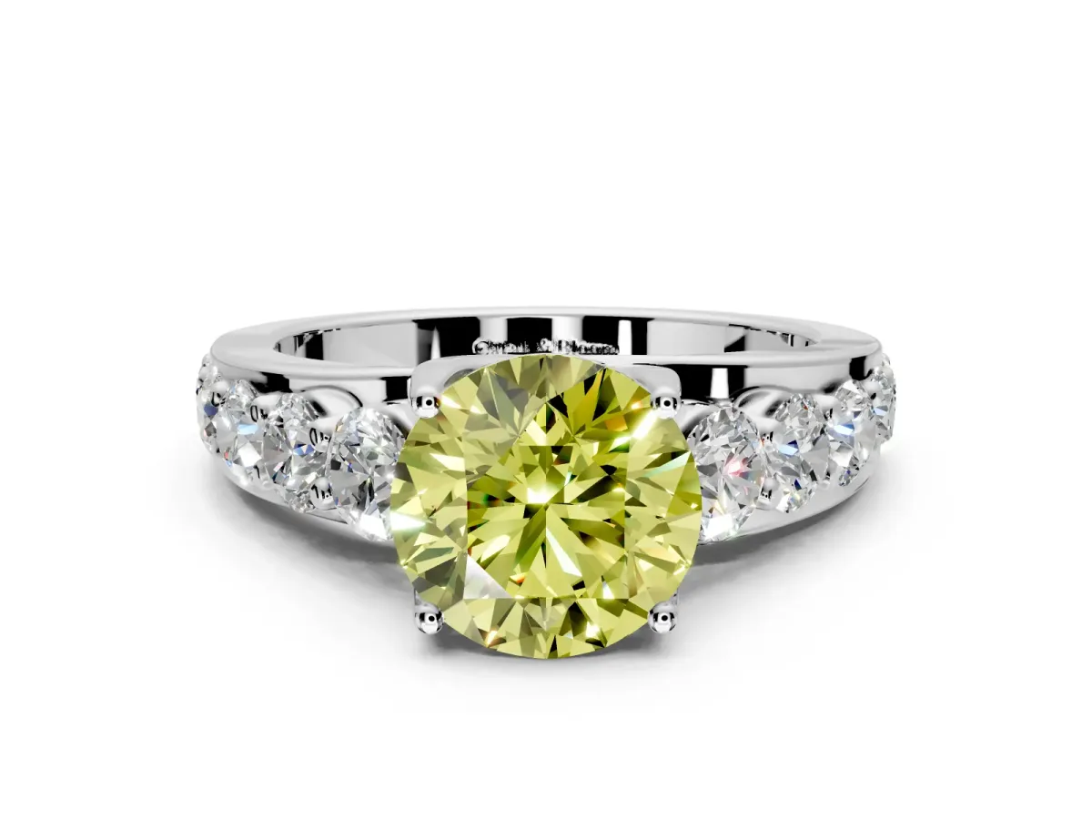 Solitaire Engagement Ring Setting for Fancy Yellow Round Cut Center with Graduated Shared Prongs and Prong Head in White Gold