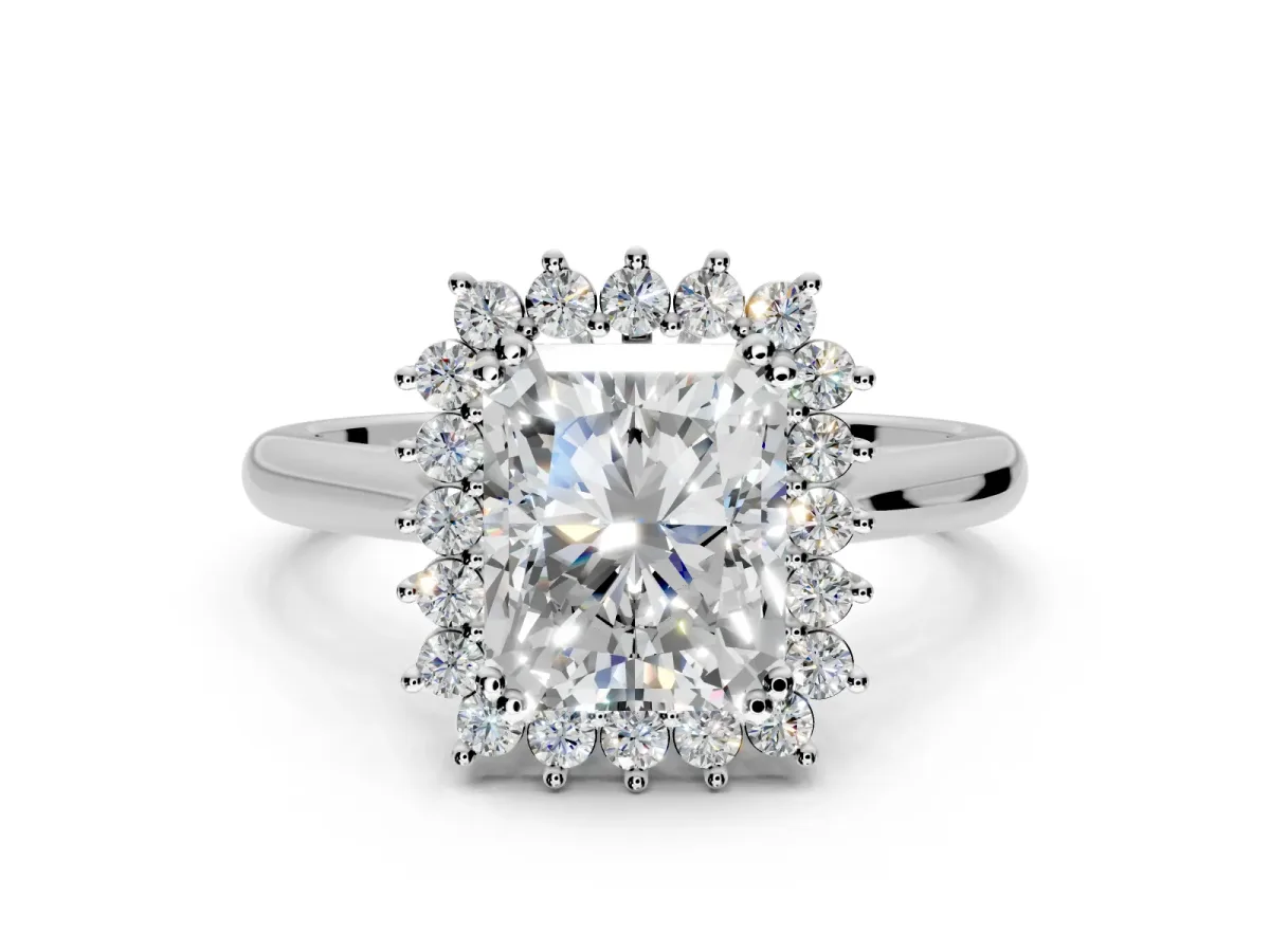 Starburst Halo Engagement Ring Setting for Radiant Cut Center with Thin Round-Wire Band and Prong Head in Sterling Silver