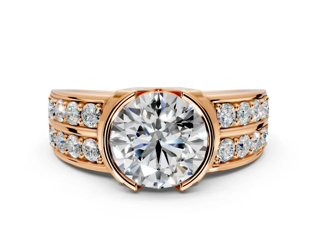 Bezel Engagement Ring Setting for Round Cut Center with Wide Channel-Set Band and Bezel Head in Rose Gold