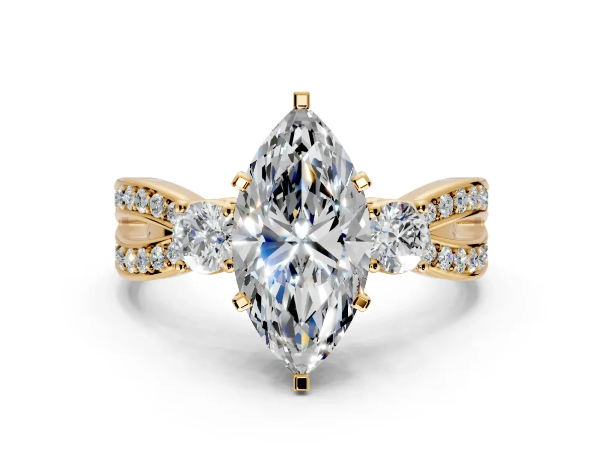3 Stone Engagement Ring Setting for Marquise Center with Pave Twist Band and Prong Head in Yellow Gold