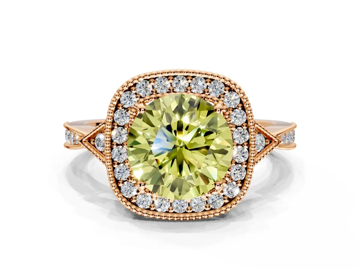 Halo Engagement Ring Setting for Fancy Yellow Round Cut Center with Milgrain Rim, Pave Band and Prong Head in Rose Gold