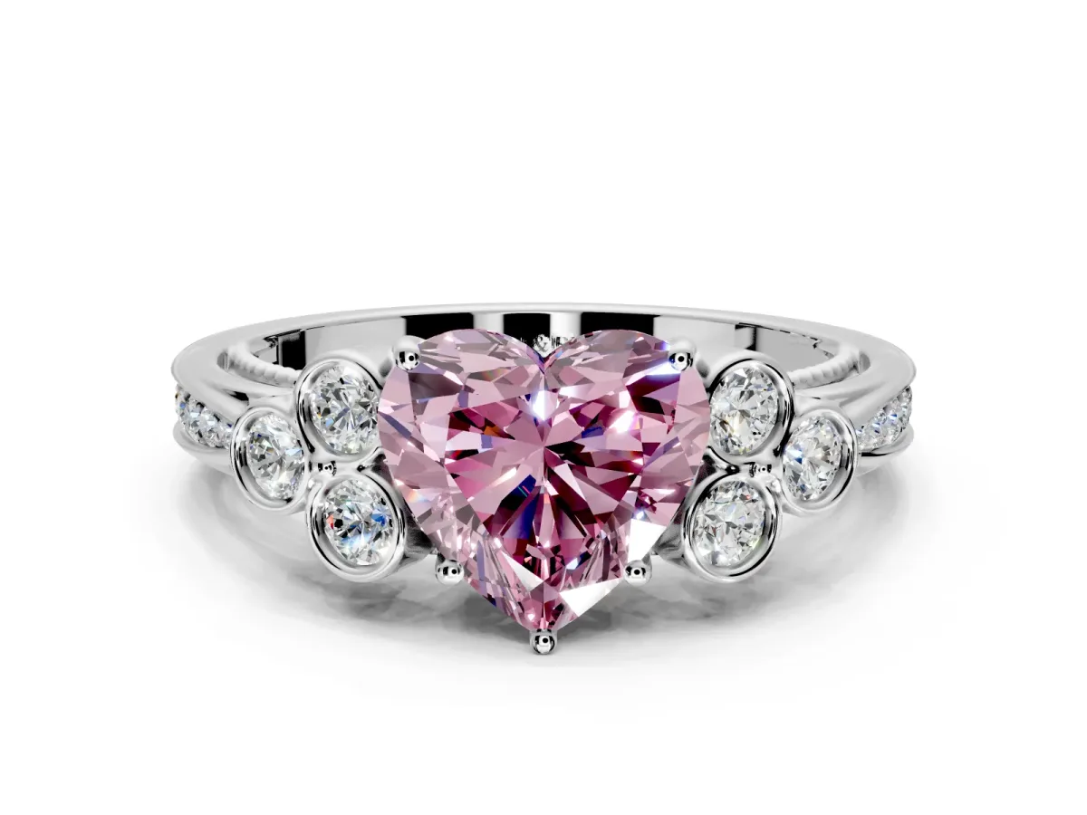 Cluster Engagement Ring Setting for Fancy Pink Heart-Shaped Center with Bezel Accent Clusters and Prong Head in Sterling Silver