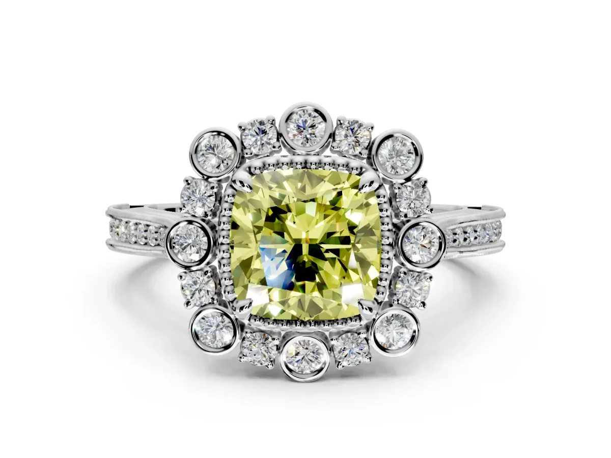 Milgrain Halo Engagement Ring Setting for Fancy Yellow Cushion Cut Center with Bezel Point Accents and Prong Head in Sterling Silver