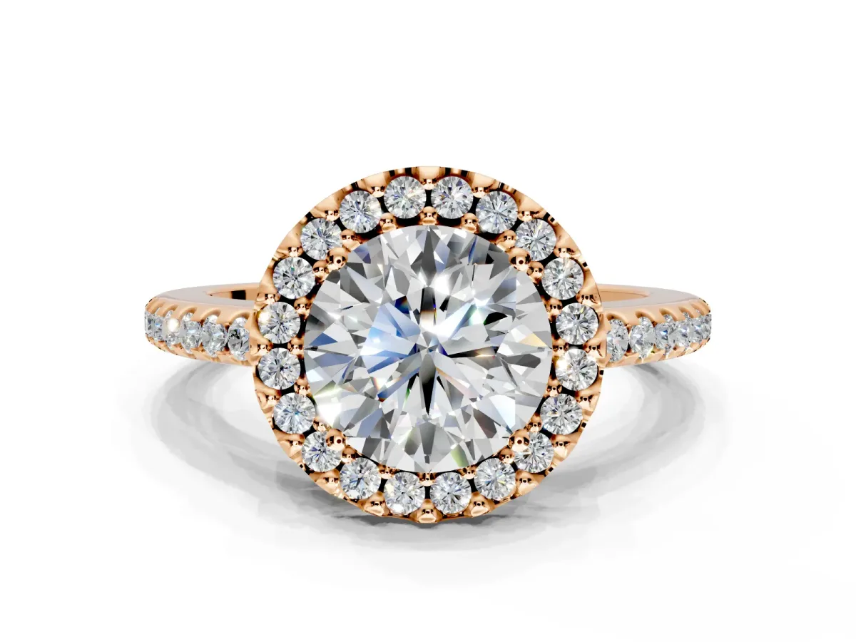 Pave Halo Engagement Ring Setting for Round Cut Center with Single Row Pave Band and Prong Head in Rose Gold