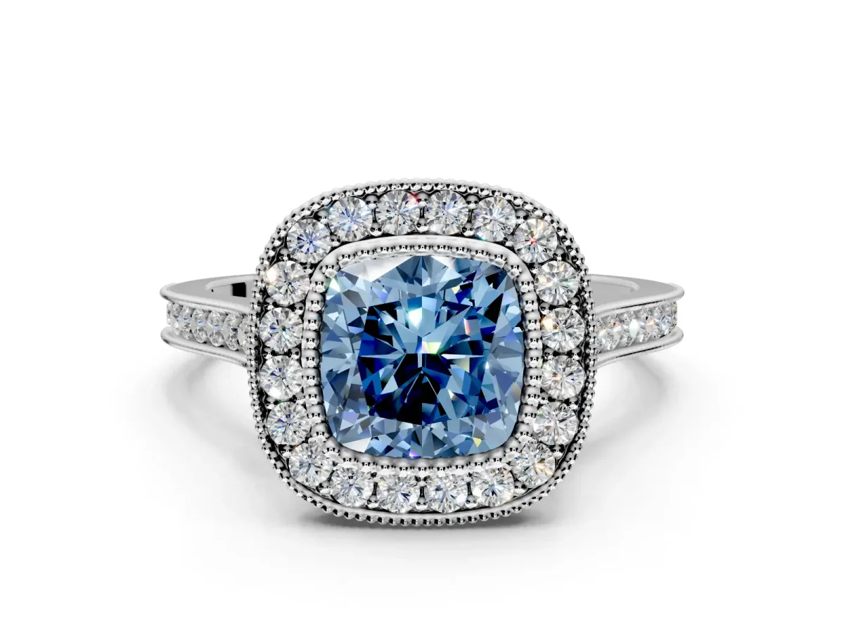 Halo Engagement Ring Setting for Fancy Blue Cushion Cut Center with Milgrain Frame, Pave Band and Prong Head in Platinum