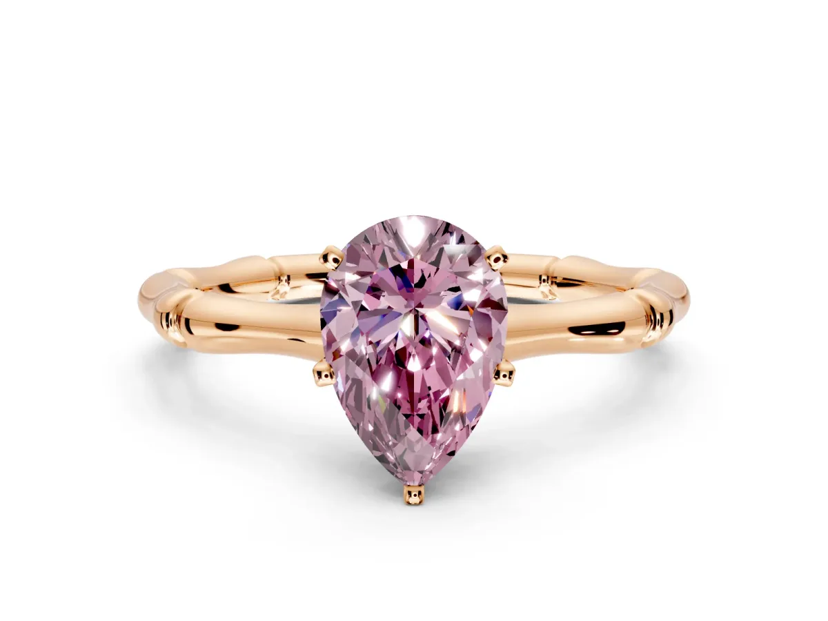Solitaire Engagement Ring Setting for Fancy Pink Pear-Shaped Center with Bamboo Band and Prong Head in Rose Gold