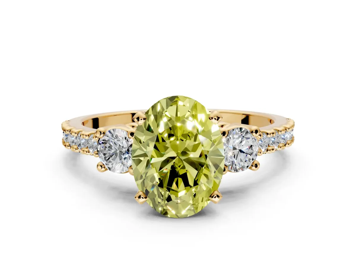 3 Stone Engagement Ring Setting for Fancy Yellow Oval Center with Round Cut Side Accents and Prong Head in Yellow Gold