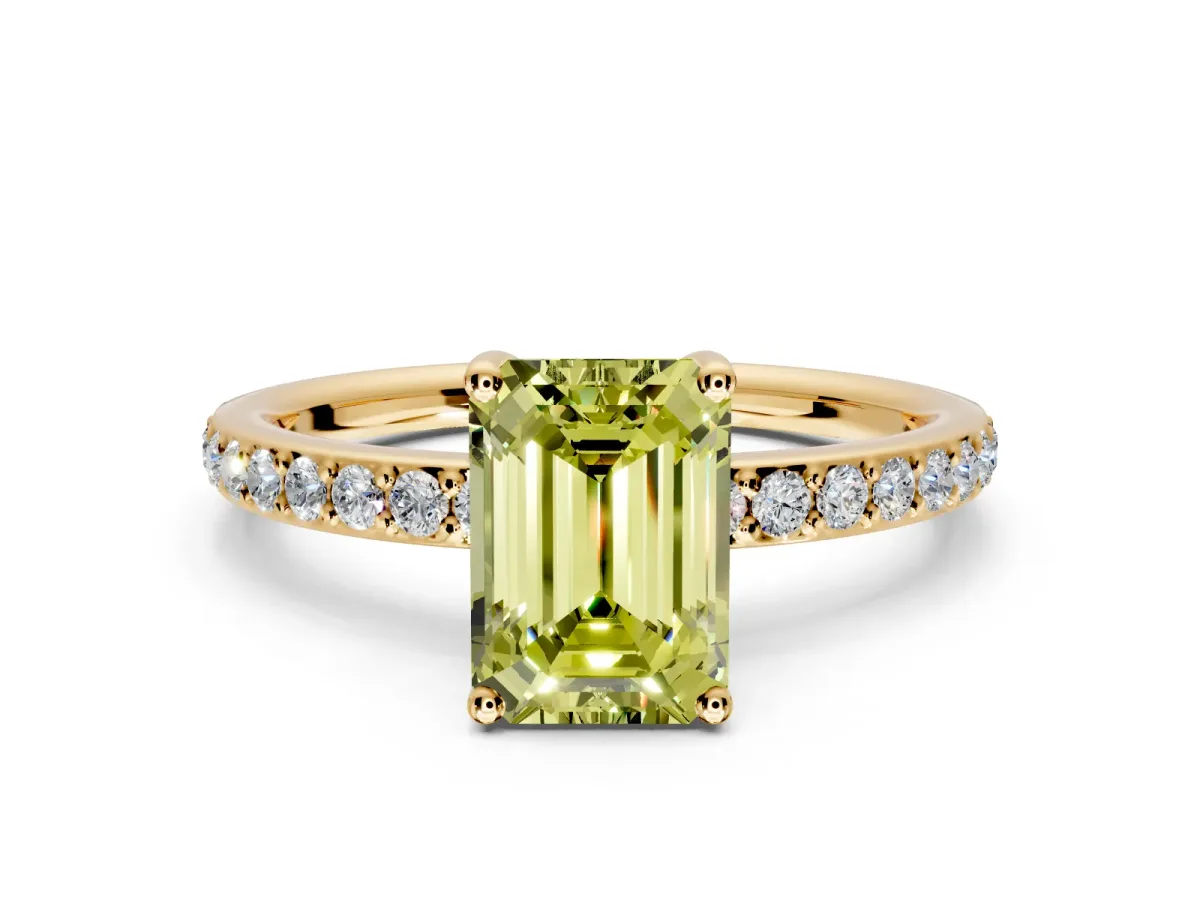 Solitaire Engagement Ring Setting for Fancy Yellow Emerald Cut Center with Fine Pave Band and Prong Head in Yellow Gold