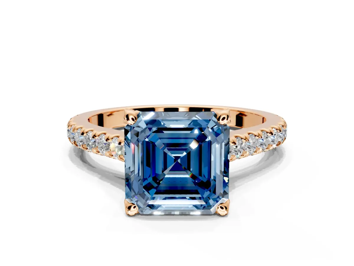 Solitaire Engagement Ring Setting for Fancy Blue Asscher Cut Center with Widening Pave Band and Claw Prong Head in Rose Gold
