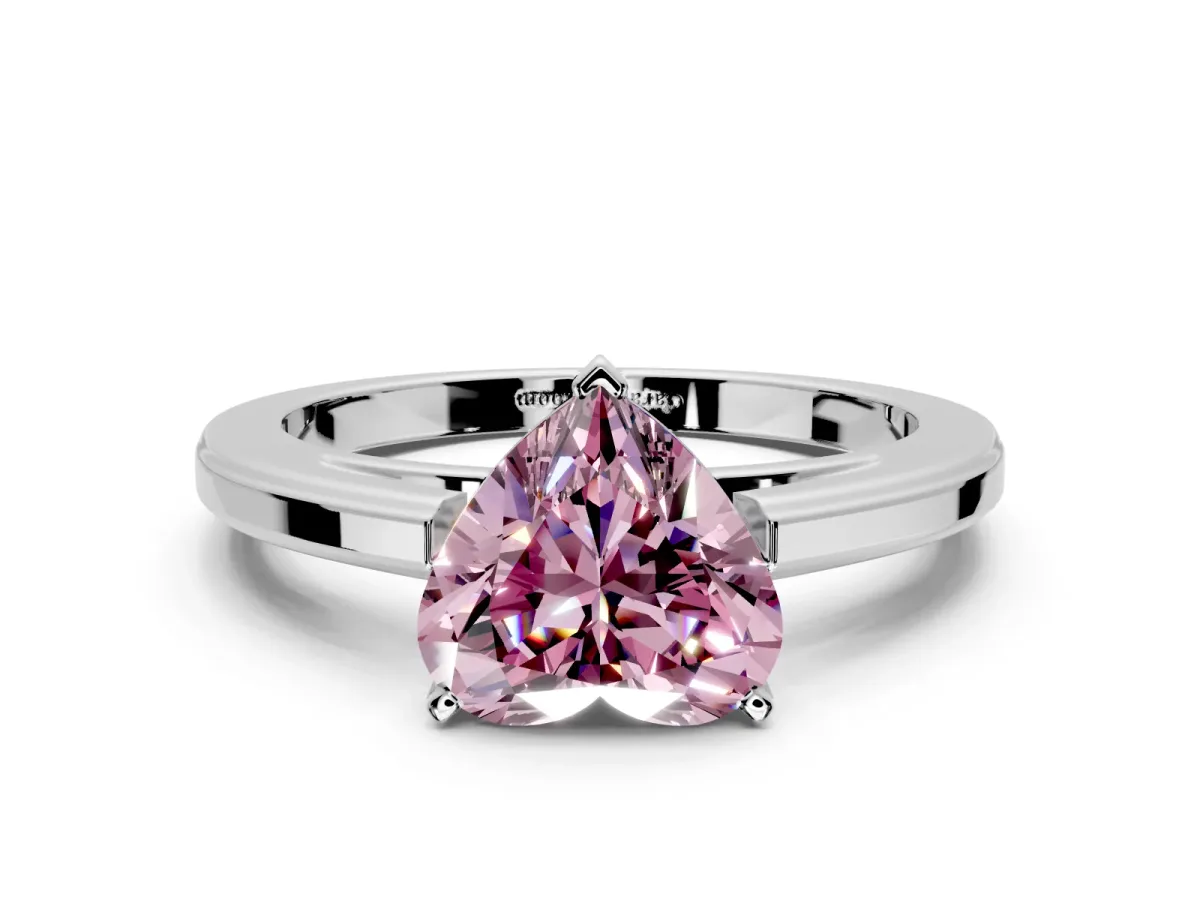 Solitaire Engagement Ring Setting for Fancy Pink Heart-Shaped Center with Flat-Sided Plain Band and Prong Head in Platinum