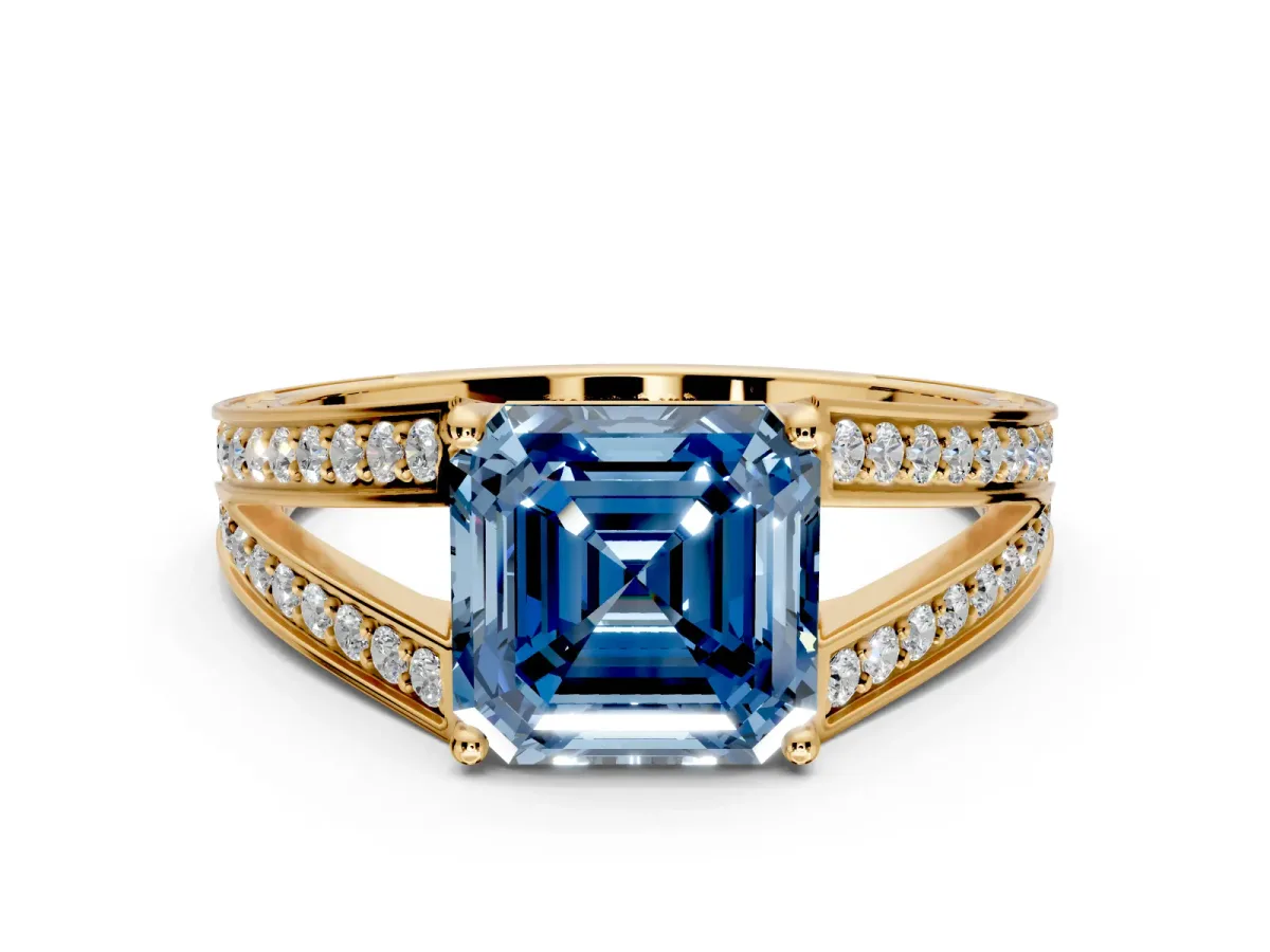 Split Shank Engagement Ring Setting for Fancy Blue Asscher Cut Center with Pave Split Shank and Prong Head in Yellow Gold