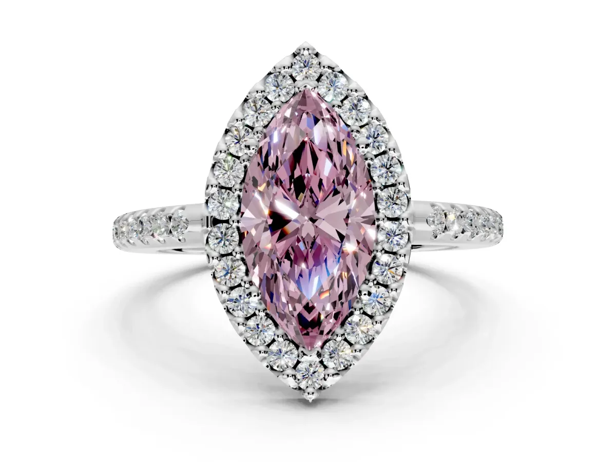 Pave Halo Engagement Ring Setting for Fancy Pink Marquise Center with Single Row Pave Band and Prong Head in White Gold