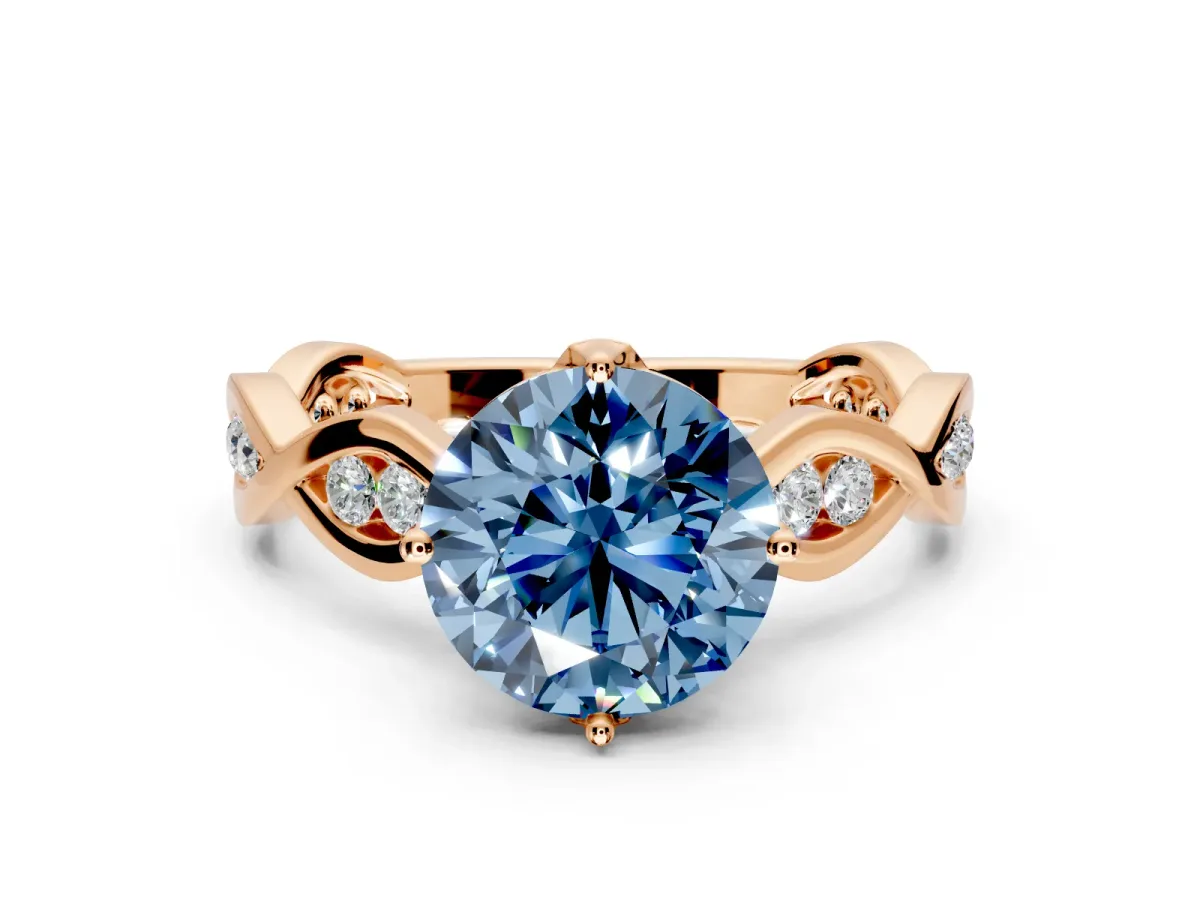 Solitaire Engagement Ring Setting for Fancy Blue Round Cut Center with Accented Twist Band and Leaf Prong Head in Rose Gold