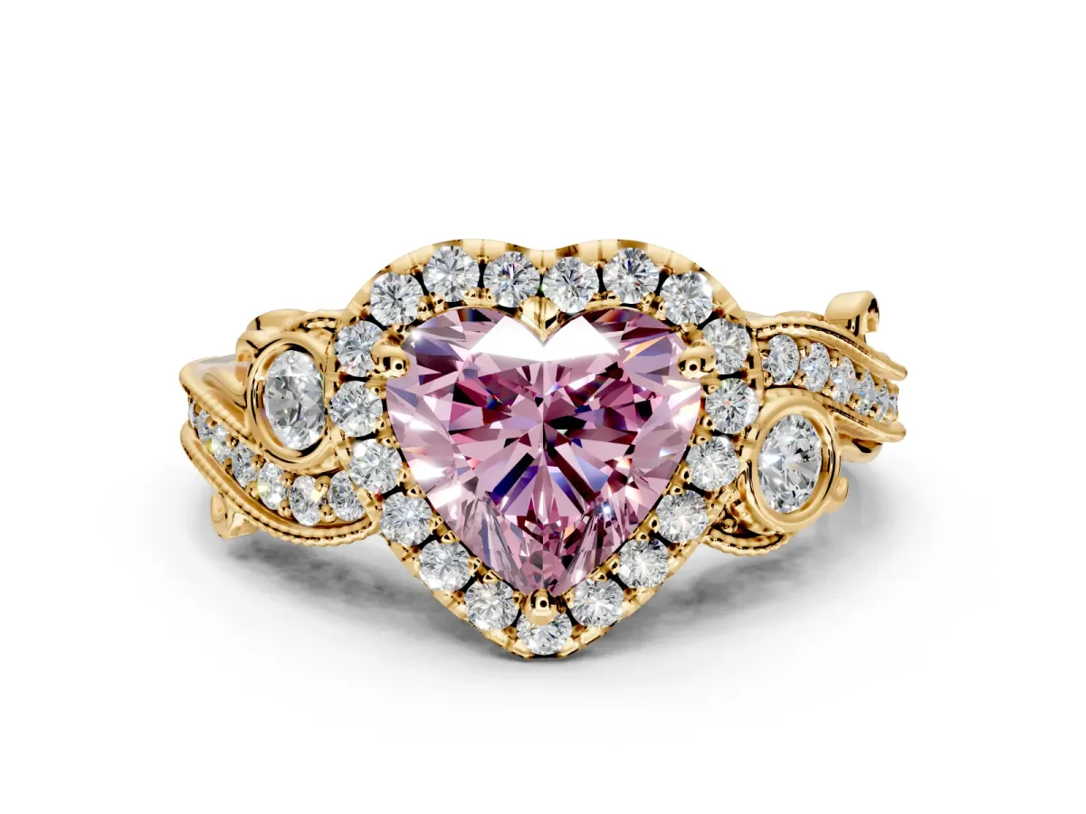 Milgrain Halo Engagement Ring Setting for Fancy Pink Heart-Shaped Center with Shoulder Bezels and Prong Head in Yellow Gold