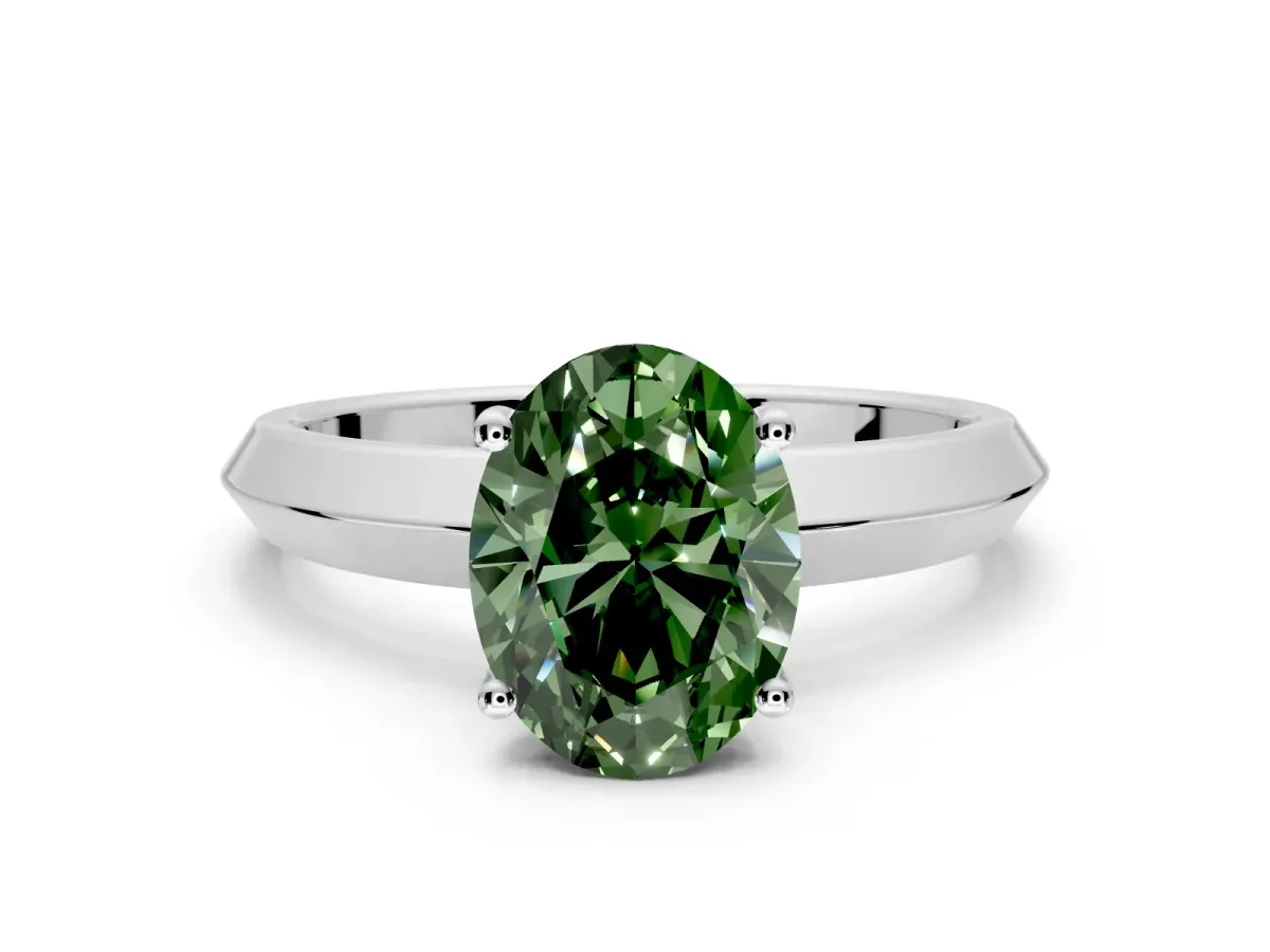 Solitaire Engagement Ring Setting for Fancy Green Oval Center with Wide Knife Ridge Band and Prong Head in White Gold