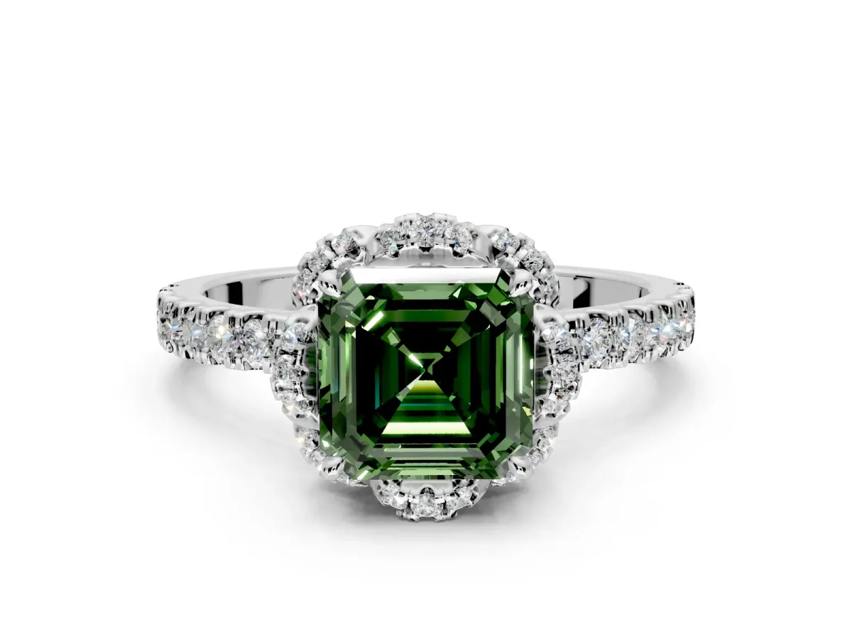 Floral Halo Engagement Ring Setting for Fancy Green Asscher Cut Center with Pave Band and Prong Head in White Gold