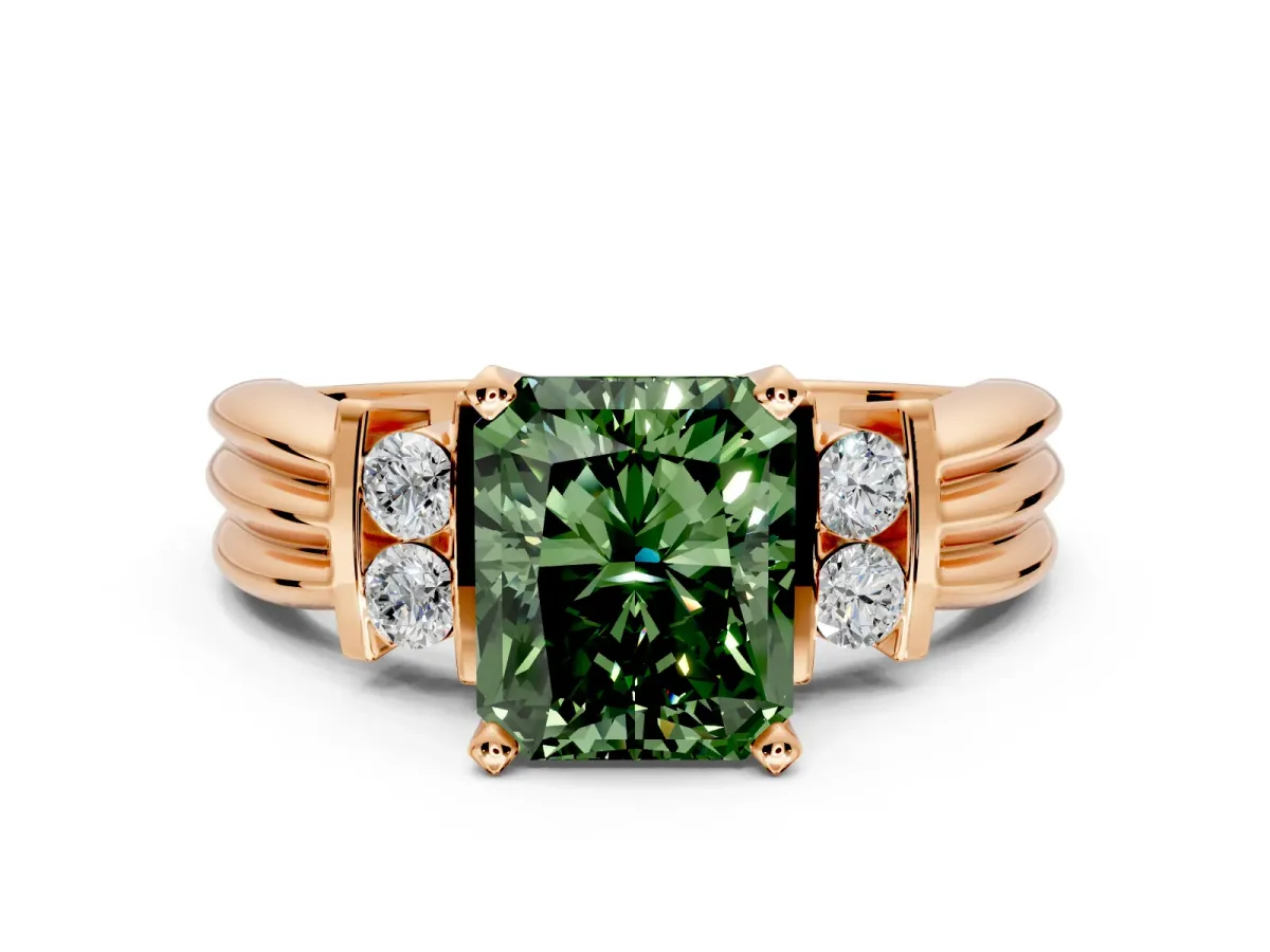 Solitaire Engagement Ring Setting for Fancy Green Radiant Cut Center with Grooved Bar Accent Band and Prong Head in Rose Gold