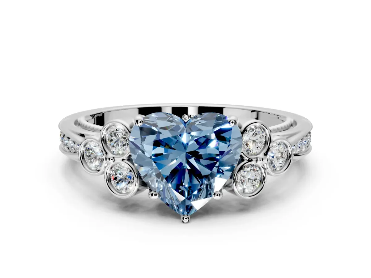 Cluster Engagement Ring Setting for Fancy Blue Heart-Shaped Center with Bezel Accent Clusters and Prong Head in White Gold