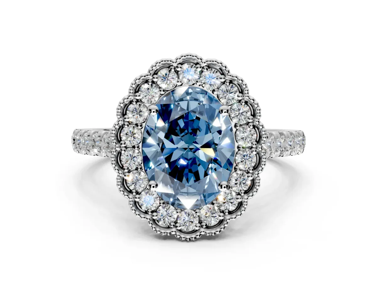 Milgrain Floral Halo Engagement Ring Setting for Fancy Blue Oval Center with Pave Band and Prong Head in Platinum