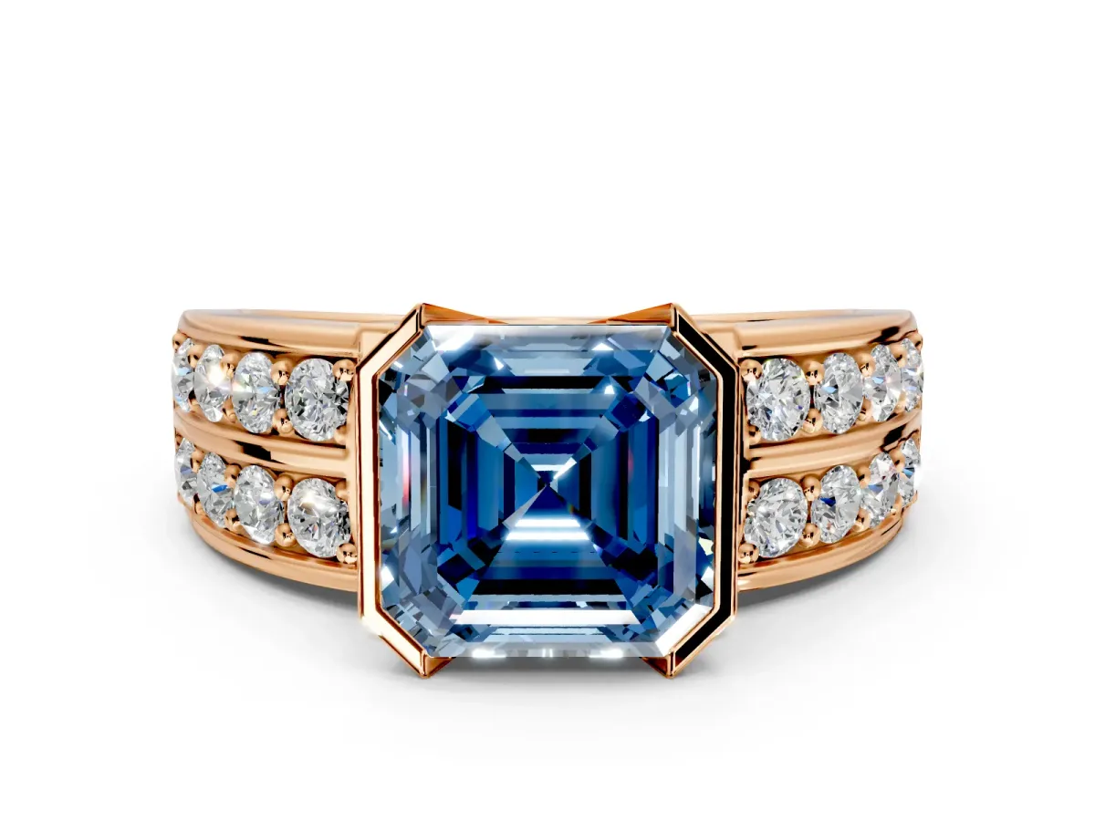 Bezel Engagement Ring Setting for Fancy Blue Asscher Cut Center with Wide Channel-Set Band and Bezel Head in Rose Gold