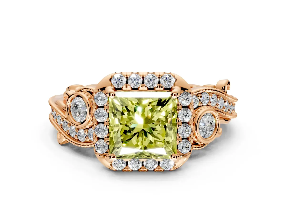 Bypass Halo Engagement Ring Setting for Fancy Yellow Princess Cut Center with Bezel Accents, Milgrain and Prong Head in Rose Gold