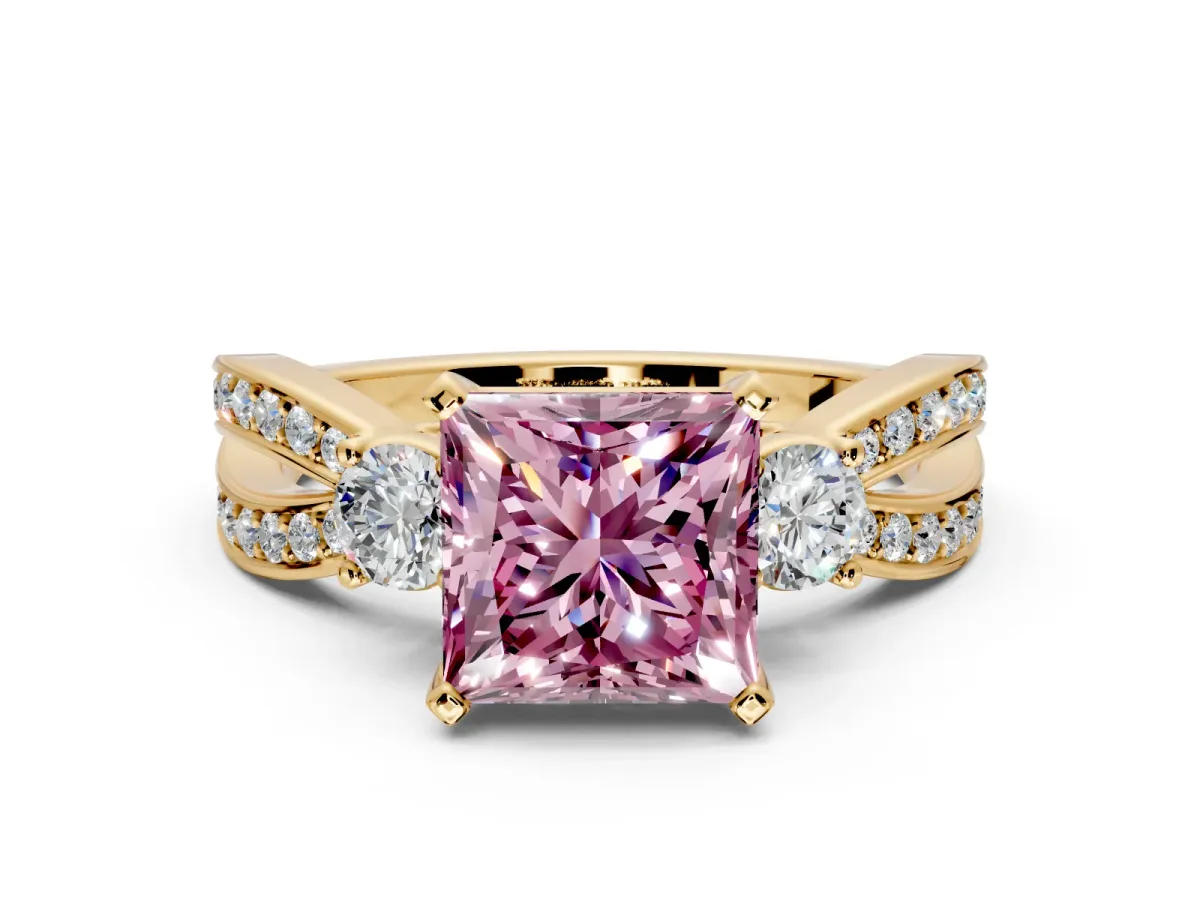 3 Stone Engagement Ring Setting for Fancy Pink Princess Cut Center with Pave Twist Band and Prong Head in Yellow Gold
