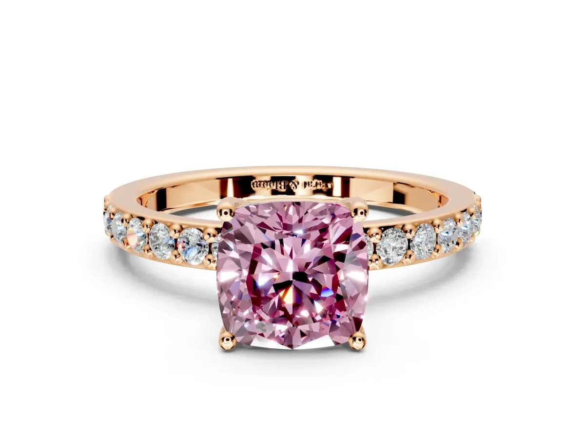 Solitaire Engagement Ring Setting for Fancy Pink Cushion Cut Center with Round Cut Pave Band and Prong Head in Rose Gold