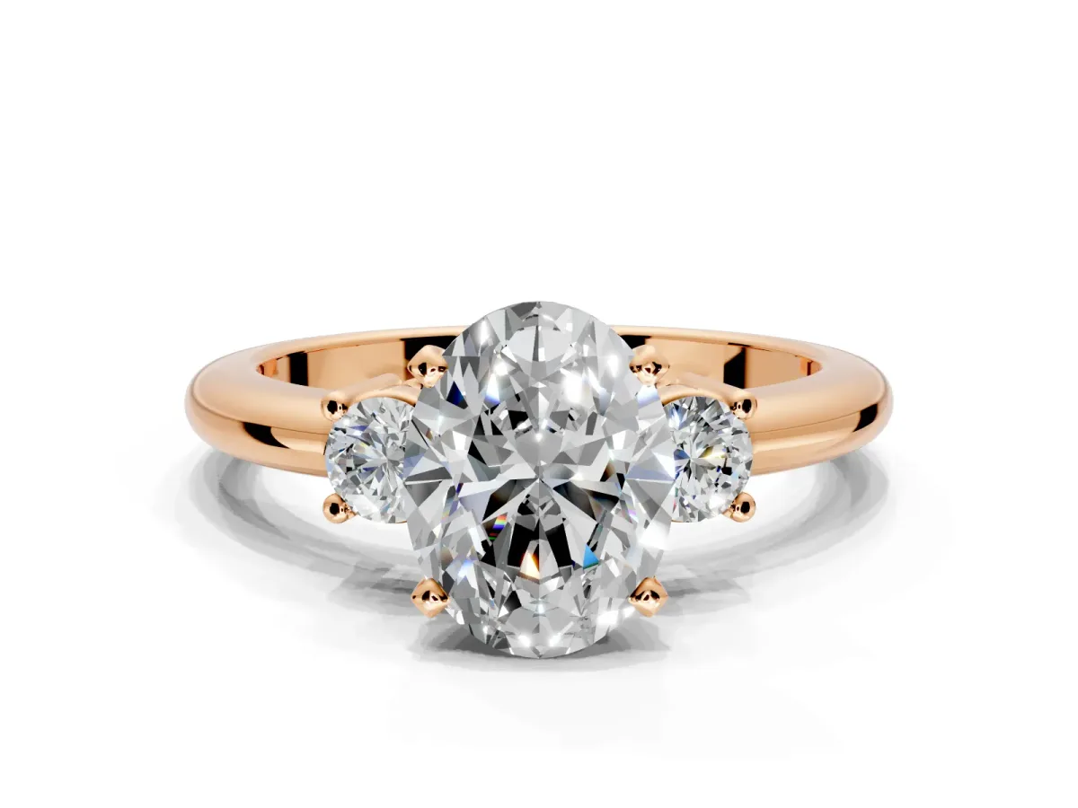 3 Stone Engagement Ring Setting for Oval Center with Wide Plain Band and Prong Head in Rose Gold