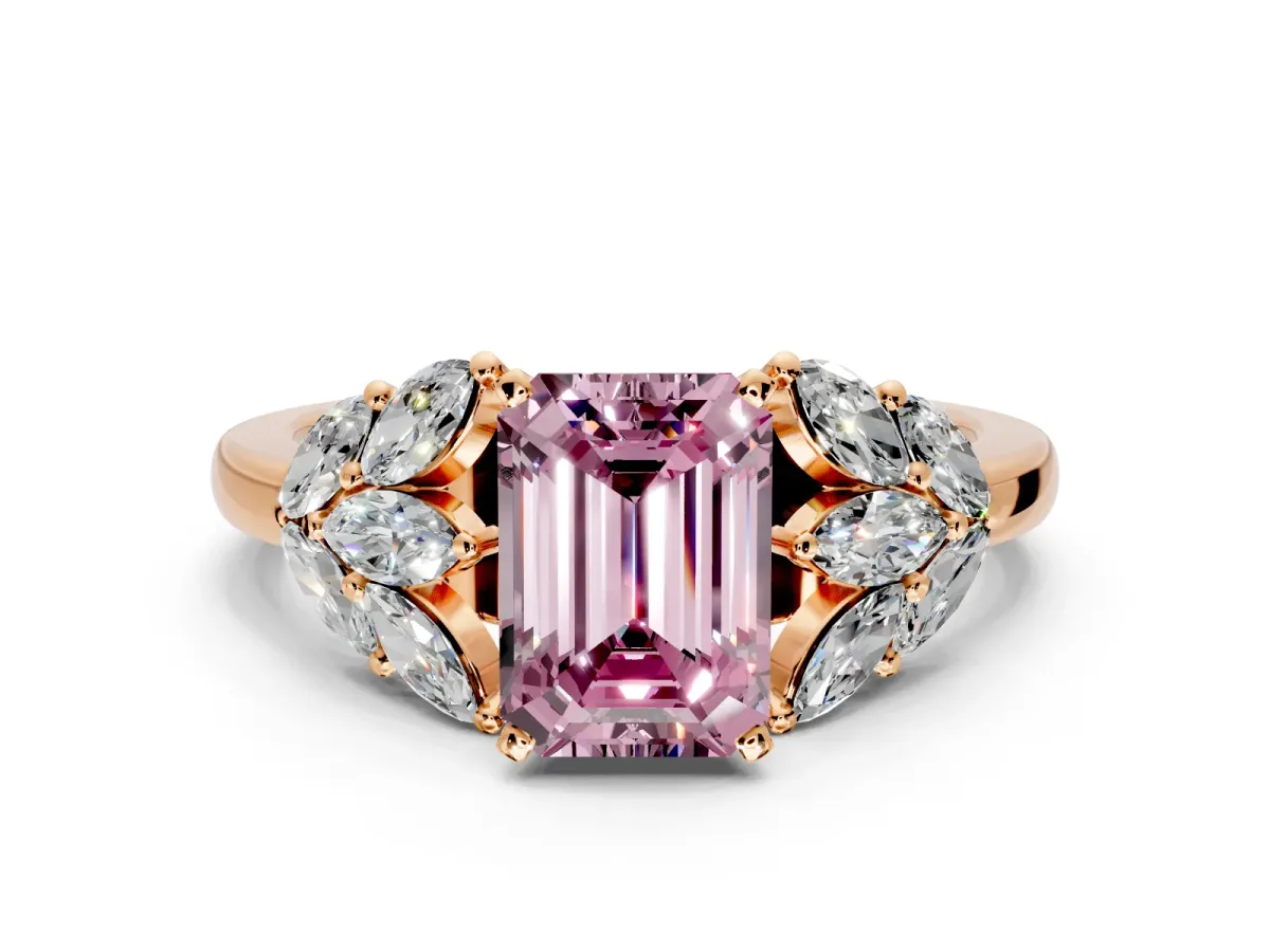 Leaf Cluster Engagement Ring Setting for Fancy Pink Emerald Cut Center with Marquise Accents and Prong Head in Rose Gold