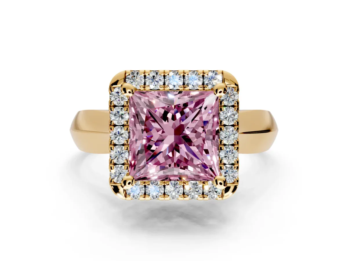 Halo Engagement Ring Setting for Fancy Pink Princess Cut Center with Square Band and Prong Head in Yellow Gold