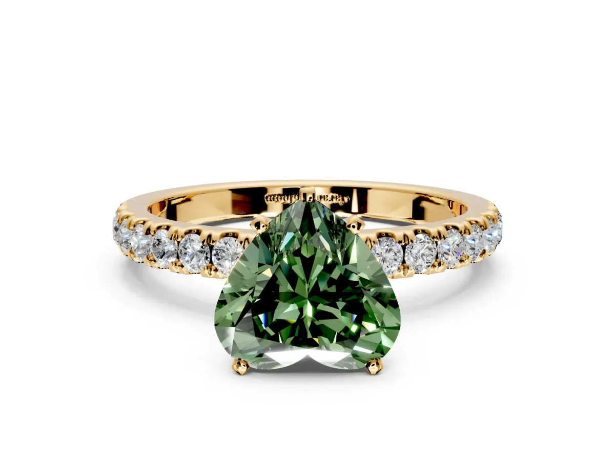 Open Basket Engagement Ring Setting for Fancy Green Heart-Shaped Center with Pave Band and Prong Head in Yellow Gold