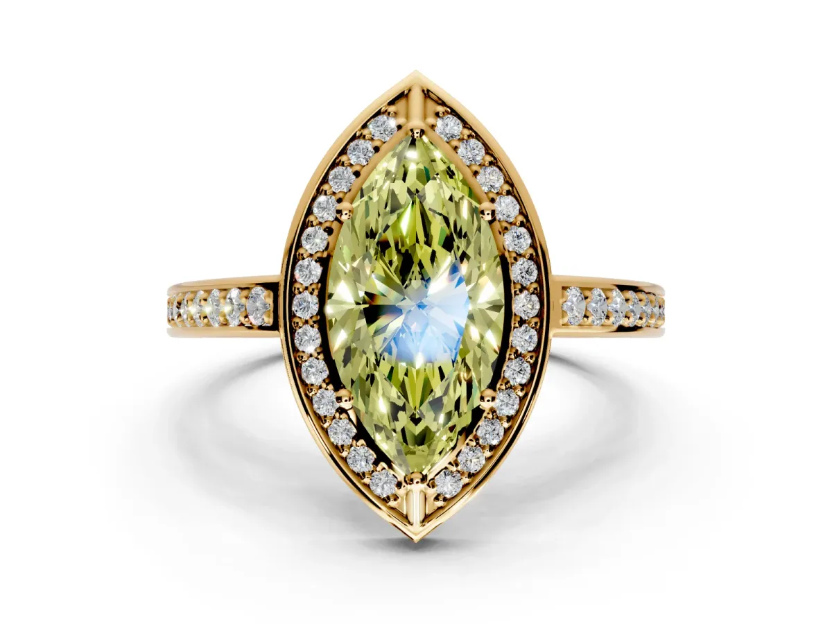 Halo Engagement Ring Setting for Fancy Yellow Marquise Center with Framed Halo, Pave Band and Prong Head in Yellow Gold