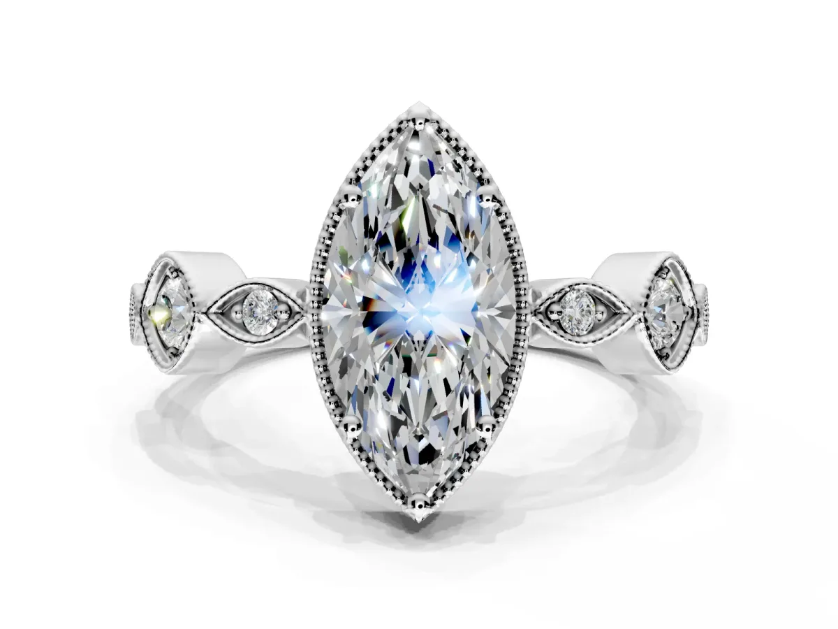 Vintage Station Engagement Ring Setting for Marquise Center with Accents and Prong Head in White Gold