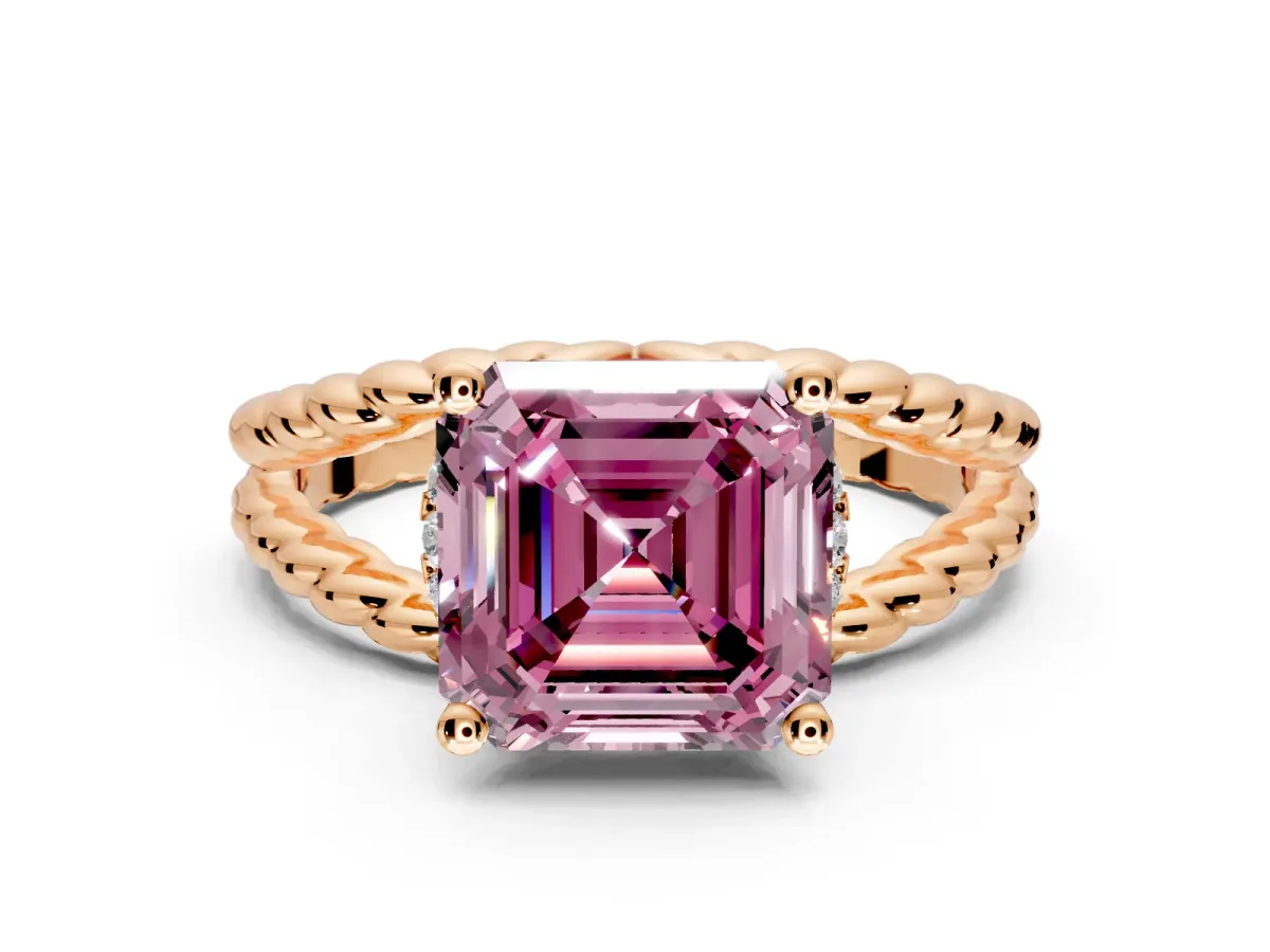 Halo Engagement Ring Setting for Fancy Pink Asscher Cut Center with Rope Twist Split Shank and Prong Head in Rose Gold