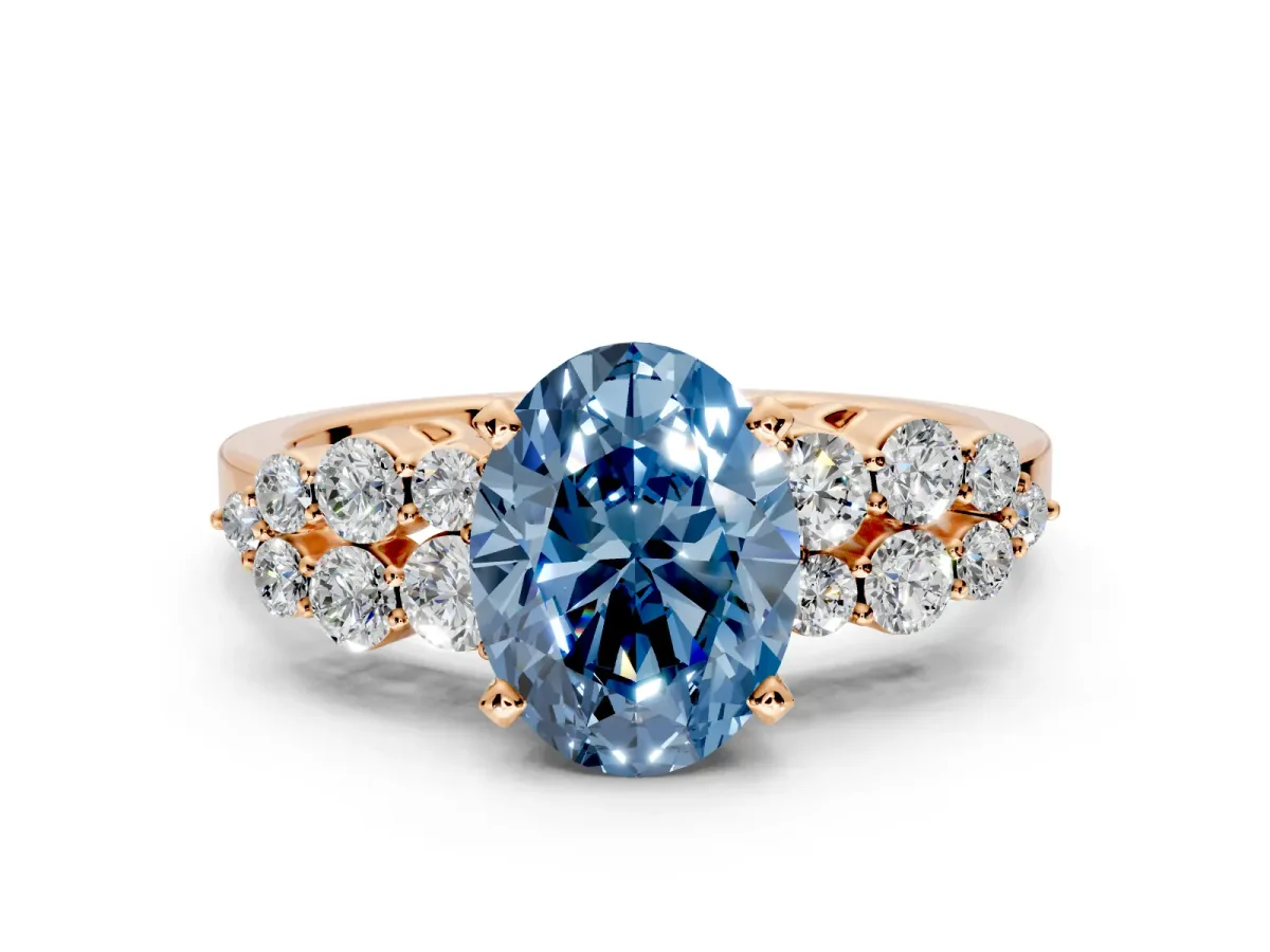 Cluster Engagement Ring Setting for Fancy Blue Oval Center with 2-Row Shoulder Clusters and Prong Head in Rose Gold