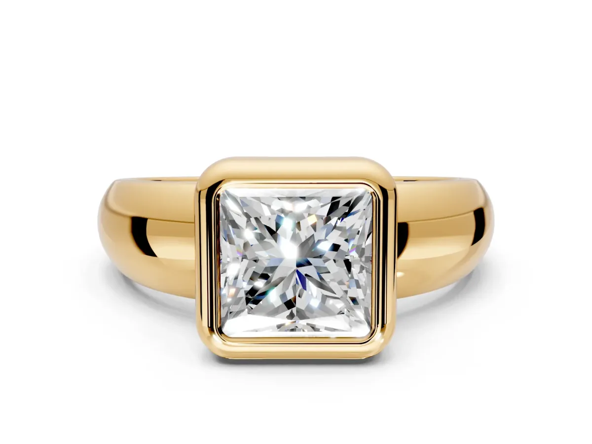 Solitaire Engagement Ring Setting for Princess Cut Center with Wide Band and Bezel Head in Yellow Gold
