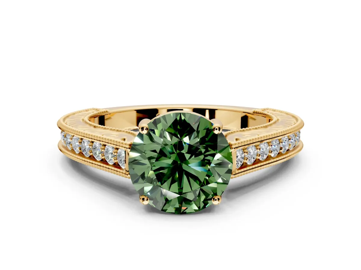 Solitaire Engagement Ring Setting for Fancy Green Round Cut Center with Engraved Pave Band and Prong Head in Yellow Gold
