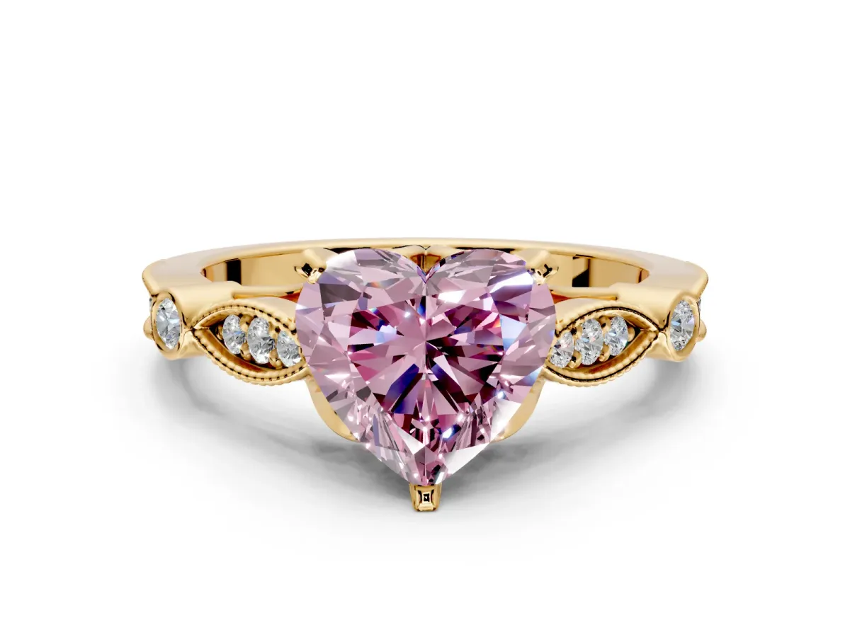 Solitaire Engagement Ring Setting for Fancy Pink Heart-Shaped Center with Marquise and Bezel Accents and Prong Head in Yellow Gold